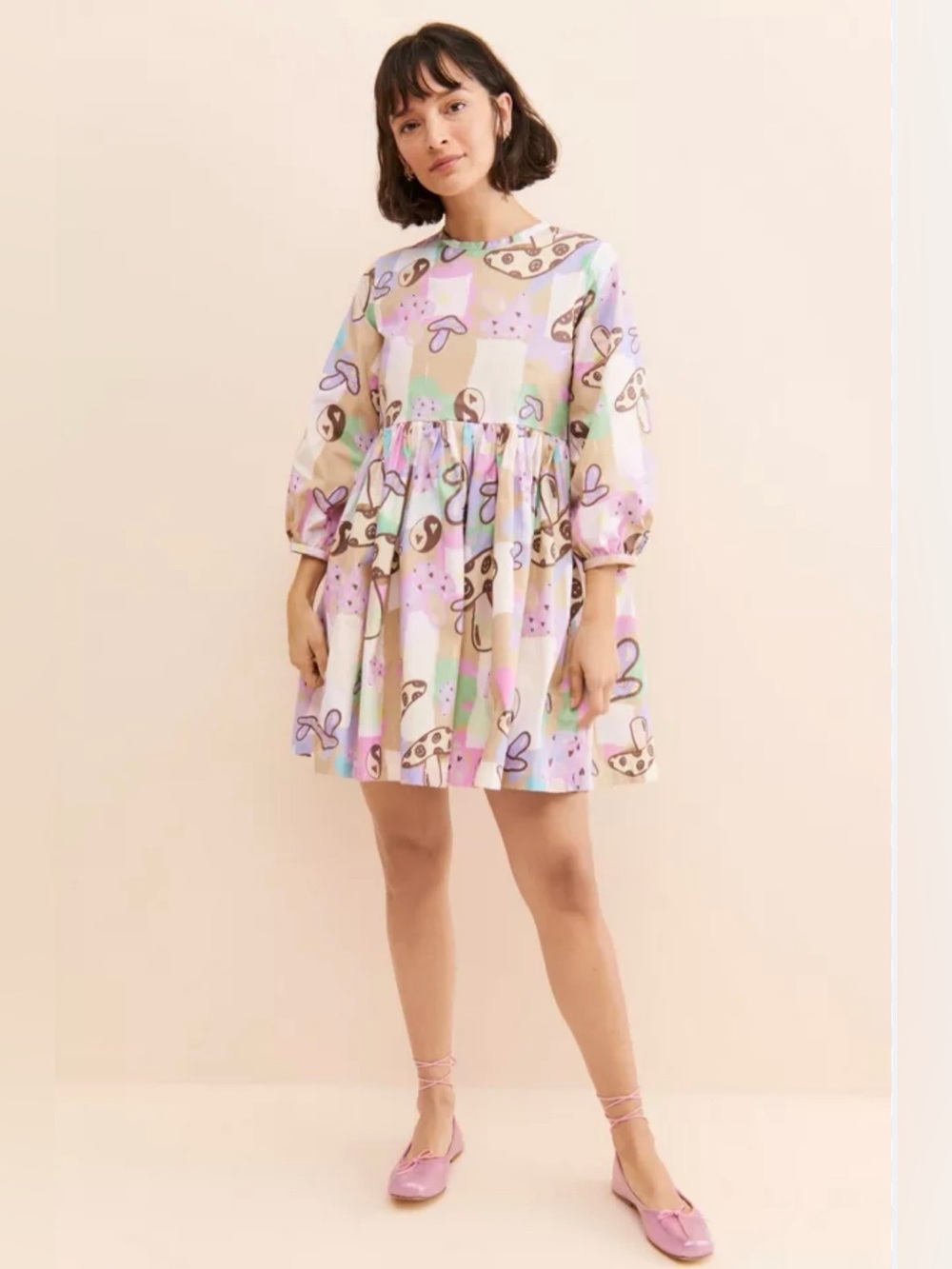 Megan Crosby Mushroom Print Babydoll Mini Dress M Organic Cotton NWT